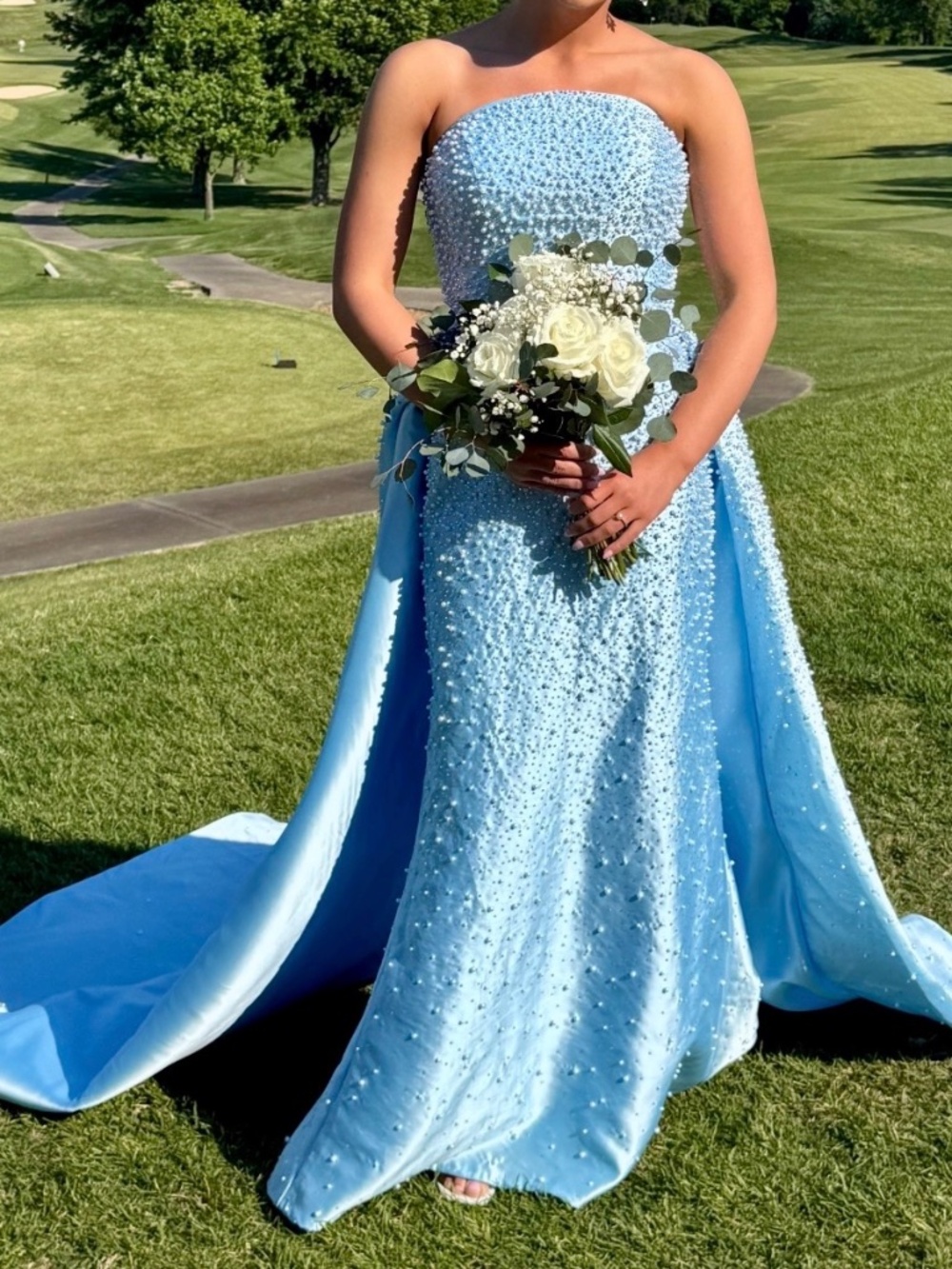 Blue Strapless Formal Gown with Train for Pageant, wedding, prom